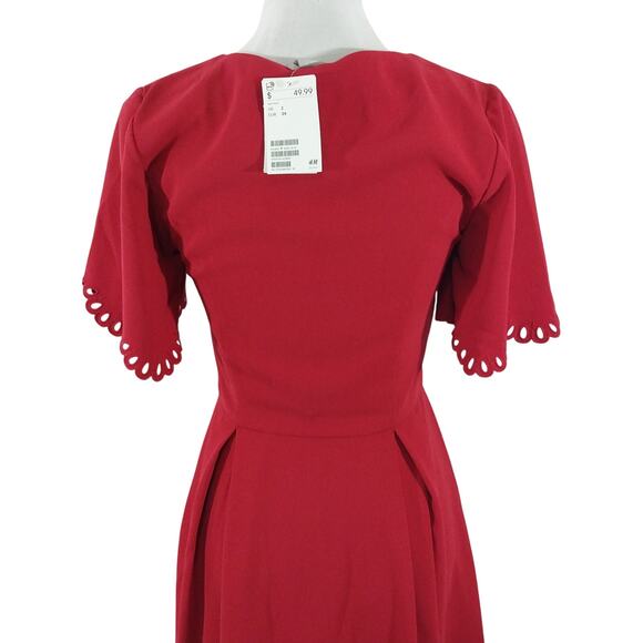 NWT@$50! H & M! ROUGE RED SCALLOPED/,LACE SLEEVE SHIFT STYLE MIDI DRESS! SZ 2 - Picture 6 of 11